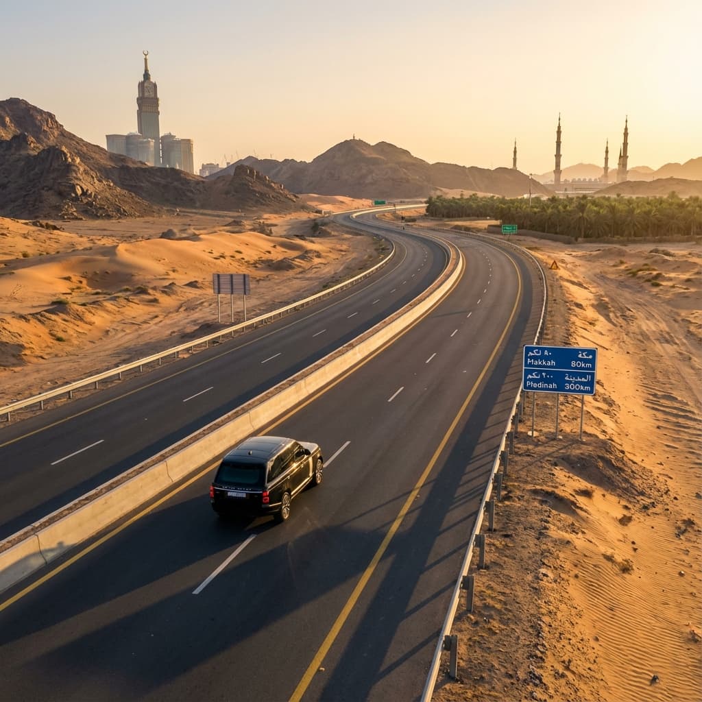 Map showing route between Jeddah, Makkah, and Madinah