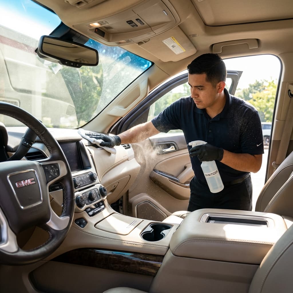 Staff sanitizing the interior of a luxury Umrah taxi